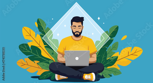 Illustration of a man sitting cross-legged, meditating while using a laptop, surrounded by tropical leaves against a blue background.