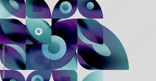 Abstract composition. Overlapping shapes, varying blues, purples create dynamic visual texture. Modern design, smooth gradients present.