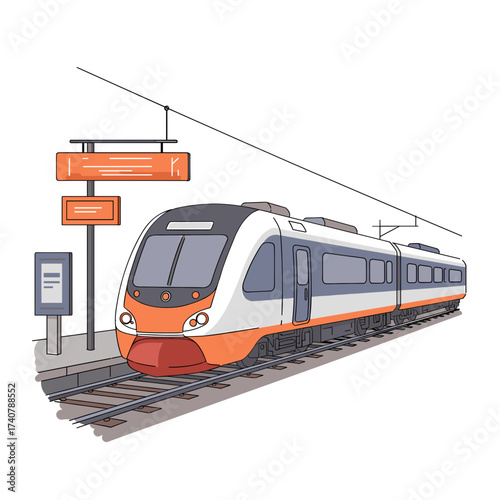 Modern train at station with route signs and waiting area  