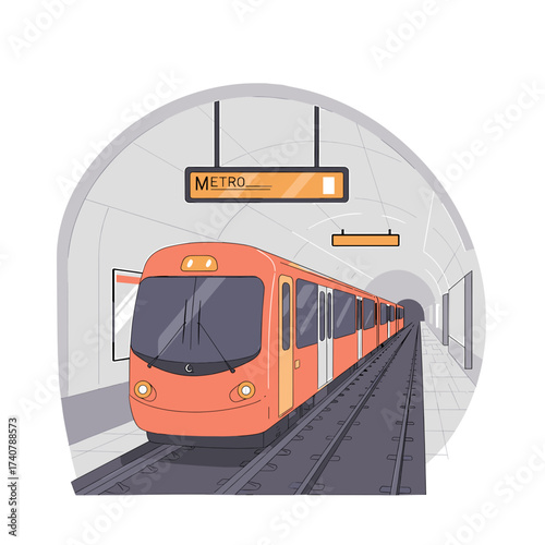 Orange metro train arriving at the station in subway tunnel  