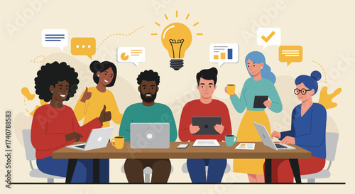 Diverse group of colleagues collaborate around a table with laptops and tablets, brainstorming under a bright lightbulb symbolizing innovation and teamwork.