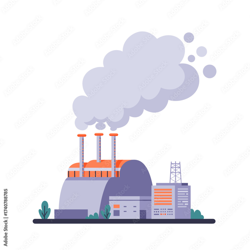 Obraz premium Industrial power plant with smoke emissions against white background 