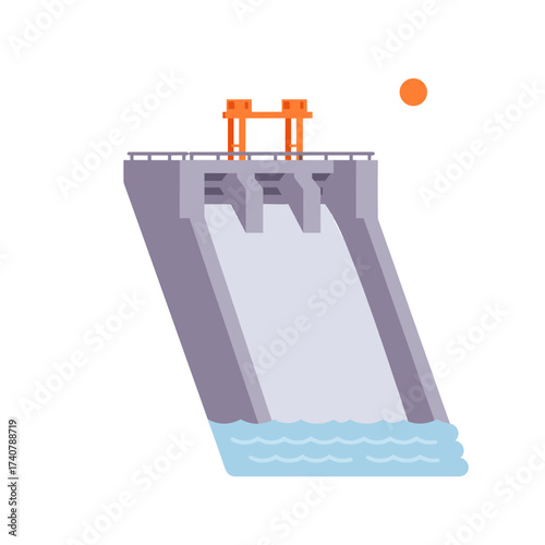 Dam structure with water flowing and sun in flat design style  