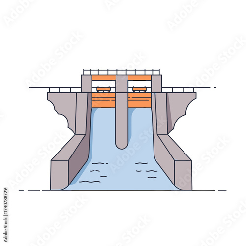 Water dam structure with flowing water in a linear design  