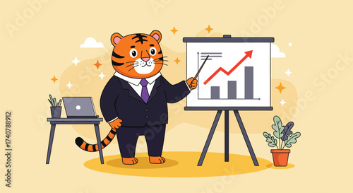 A cartoon tiger in a suit presents a financial growth chart with a pointer.