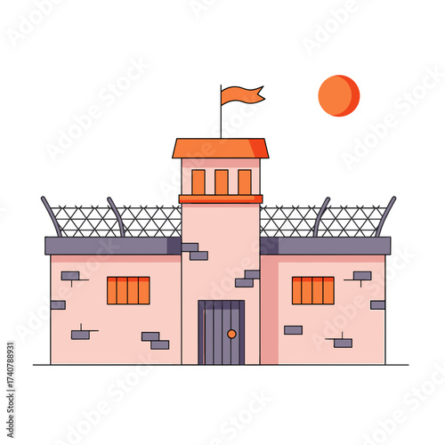 Cartoon prison building with barbed wire and guard tower