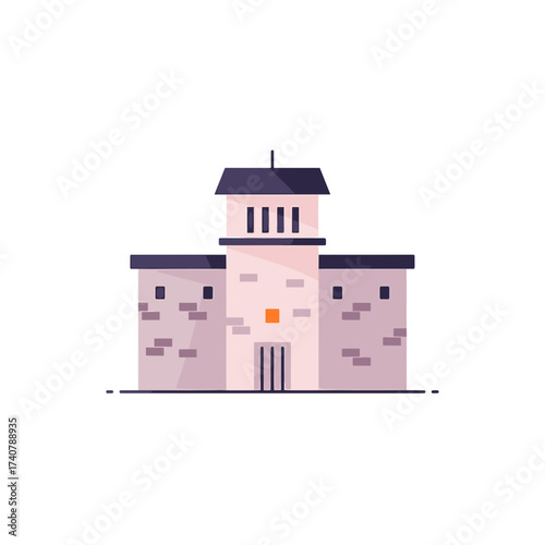 Cartoon jail building with tower in flat minimal style