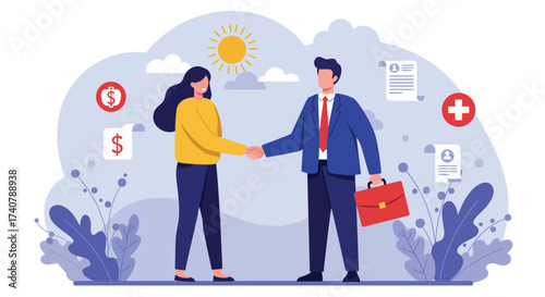 Two individuals shaking hands, symbolizing agreement, with financial and healthcare symbols.