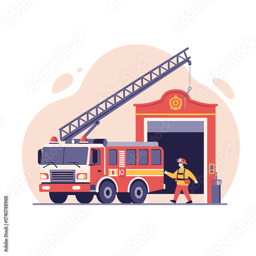 Fire truck and firefighter outside fire station cartoon style