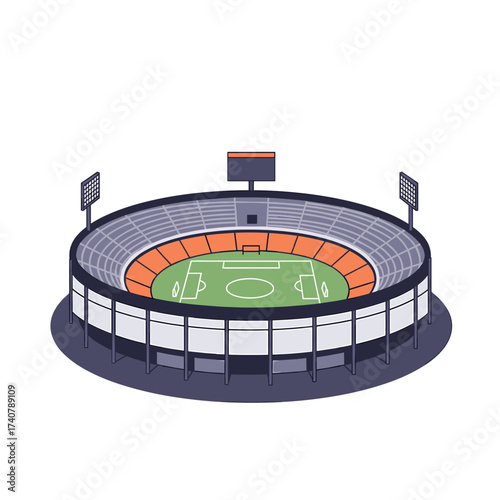 Illustrative soccer stadium with green field and seating arrangements  