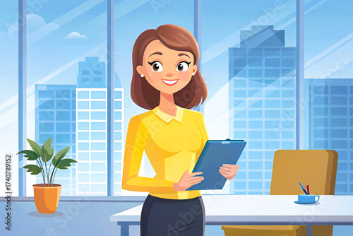 Cheerful young woman in yellow blouse leaning on modern office table with documents in hand, looking happily at camera, created in detailed vector style, ideal for stock images, workplace visuals