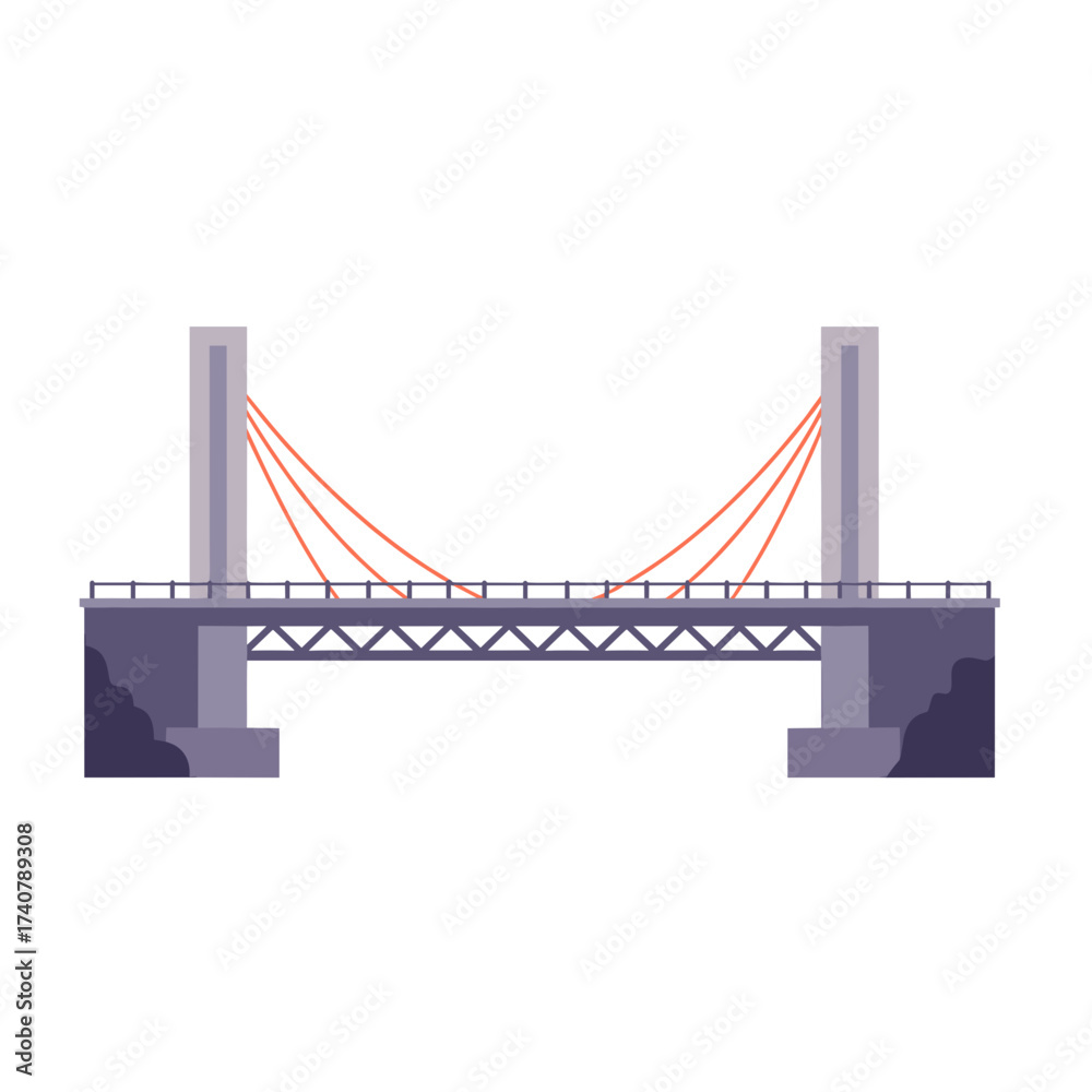 Obraz premium Modern bridge with red cables over gray foundation supports 