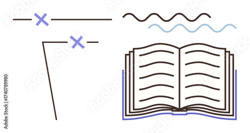 Open book with wave lines, editing marks, and annotations symbolizing writing, creative editing, and publishing processes. Ideal for education, literature, proofreading, publishing storytelling
