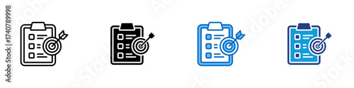 Goal Checklist Multiple Style Icon Design Vector - Clipboard with target and arrow, symbolizing goal achievement or task alignment