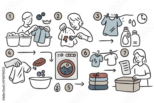 Laundry process step by step infographic: sorting clothes, treating stains, adding detergent, washing, drying, folding and storing. Hand-drawn doodle vector for cleaning, household and care.