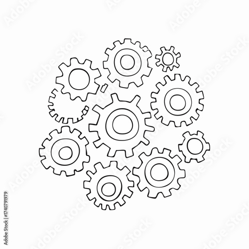 Hand drawn gear set. Doodle sketch style gear mechanism. Concept of business idea, teamwork, progress background. Doodle cog vector illustration.