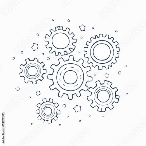 Hand drawn gear set. Doodle sketch style gear mechanism. Concept of business idea, teamwork, progress background. Doodle cog vector illustration.