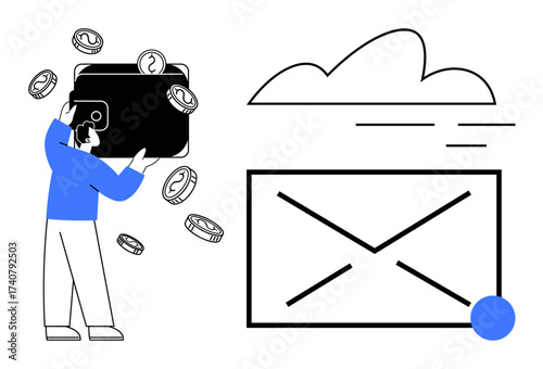 Man interacting with wallet, coins raining, cloud, envelope icon for email. Ideal for finance, online payment, cloud storage, digital transaction communication tech innovation security. Simple