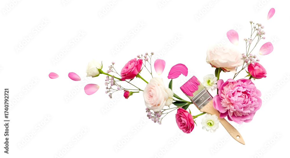 Obraz premium Delicate pink peony and rose floral arrangement with paint brush accents, perfect for feminine branding, wedding stationery and springtime promotions with romantic flair