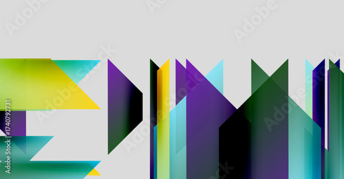 Abstract geometric shapes overlap, creating vibrant color gradients. Composition features sharp angles, dynamic forms, modern aesthetic.