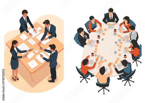 Dual business meeting scenes: left shows 4-person strategy huddle around a rectangular table; right features 10-person brainstorming at an oval table. Both depict active, formal collaboration.