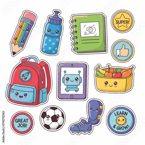 Cute school sticker set: smiling pencil, notebook, backpack, lunchbox, cleats, water bottle, tablet, and badges like “SUPER!” and “LEARN & GROW!”—great for kids’ kits and classroom decor.