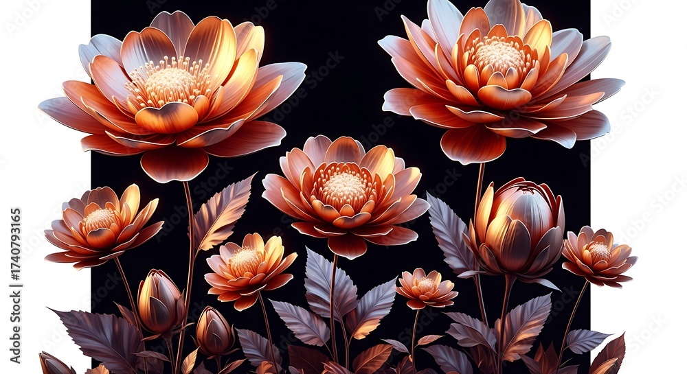 Fototapeta premium A cluster of metallic copper flowers with dark leaves against a black background