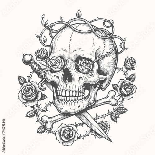Detailed Handdrawn Skull with Roses and Dagger Illustration, Gothic Aesthetic