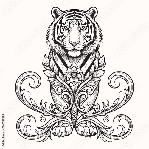 Ornate Line Art Tiger Illustration with Floral and Swirl Accents