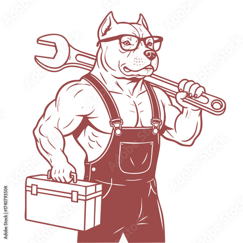 Handdrawn Outline Pitbull Repairman with Wrench and Toolbox Mascot Illustration