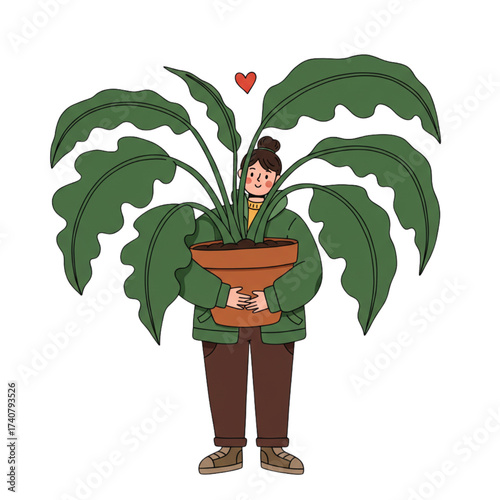 Joyful person lovingly cradles lush green potted plant symbolizing growth and homey comfort with a tiny heart above
