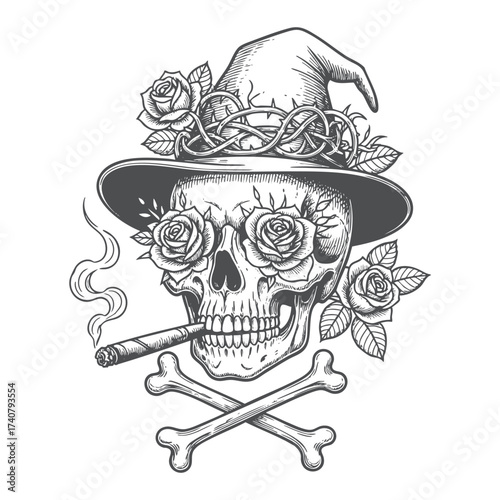 Detailed Line Art Skull in Witch Hat with Roses Illustration