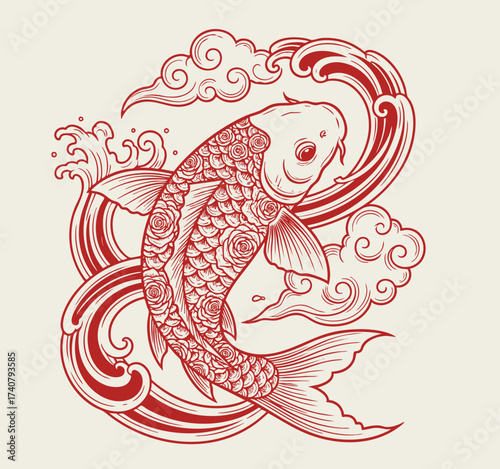 Elegant Line Art Koi Fish with Rose Scale Pattern and Wave Clouds