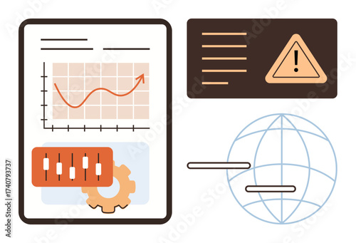 Financial graph with upward trend, candlestick chart, gear icon, alert symbol, and globe outline. Ideal for analytics, risk management, technology, business strategy global trends innovation