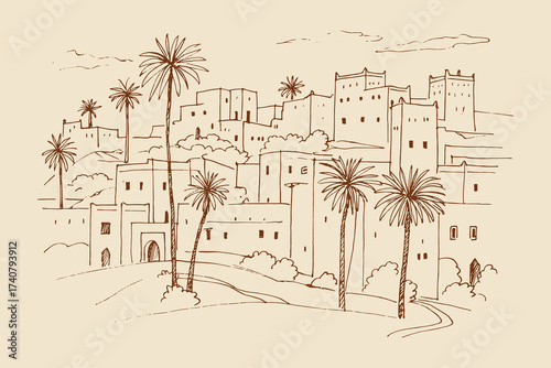 Desert village with palm trees loose sketch line drawing vector