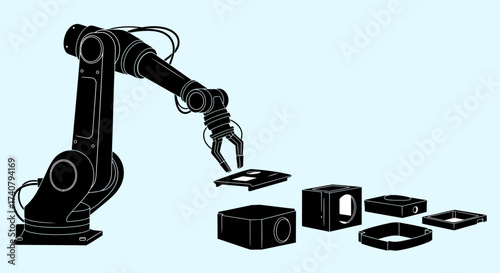 Vector illustration of robotic arm assembling black components on light blue background