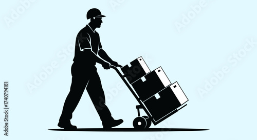 Silhouette of delivery man pushing hand truck with stacked boxes on light blue background