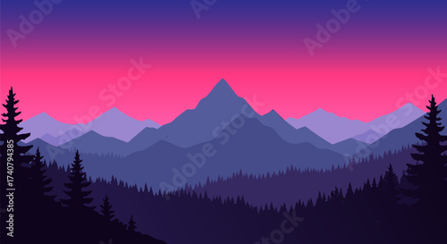 Majestic vector mountain landscape with layered peaks and dense forest silhouettes, set against a vibrant gradient twilight sky in stunning pink, purple, and blue hues