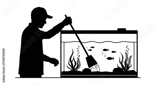 person meticulously cleaning a vibrant aquarium with small fish swimming