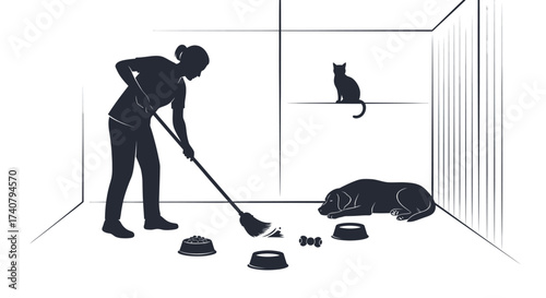 animal shelter worker cleaning kennel with sleeping dog and cat observing