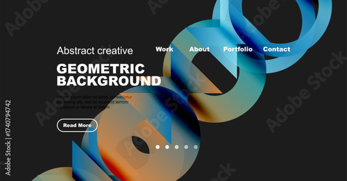 Dark website mockup features colorful abstract shapes, text elements, navigation menu. Modern design promotes creativity, portfolio viewing.
