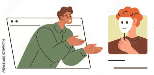 Person reaching out from computer screen toward individual concealing identity with mask, symbolizing online interaction, authenticity challenge, and digital trust. Ideal for identity, deception