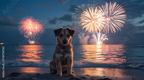 Dog with fireworks new year's eve. Cute puppy sitting on beach, watching colorful fireworks night sky, reflection ocean water background, christmas holiday event vacation memory with loving pet animal