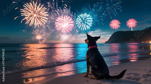 Dog with fireworks new year's eve. Cute puppy sitting on beach, watching colorful fireworks night sky, reflection ocean water background, christmas holiday event vacation memory with loving pet animal
