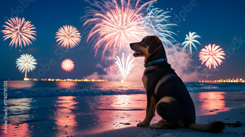 Dog with fireworks new year's eve. Cute puppy sitting on beach, watching colorful fireworks night sky, reflection ocean water background, christmas holiday event vacation memory with loving pet animal