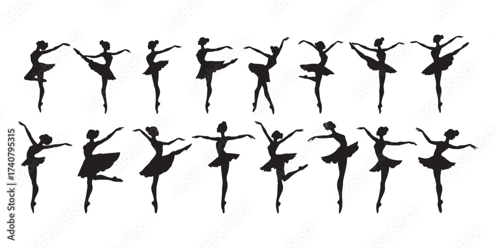 Naklejka premium Ballet Silhouette Set, Graceful Dancer in Pointe Pose Vector Art