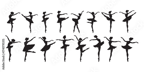 Ballet Silhouette Set, Graceful Dancer in Pointe Pose Vector Art