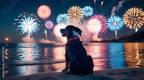 Dog with fireworks new year's eve. Cute puppy sitting on beach, watching colorful fireworks night sky, reflection ocean water background, christmas holiday event vacation memory with loving pet animal