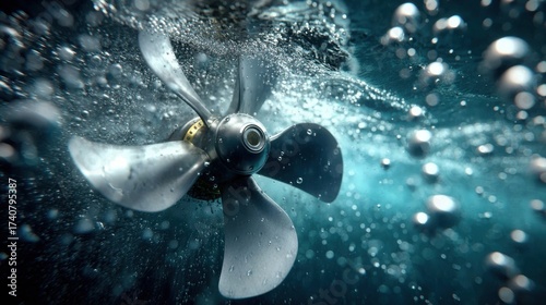 Dynamic underwater view of a spinning ship propeller with bubbles and light rays in deep blue water