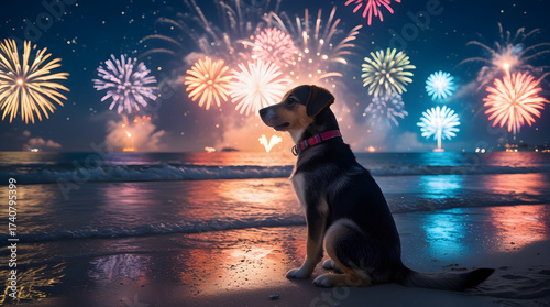 Dog with fireworks new year's eve. Cute puppy sitting on beach, watching colorful fireworks night sky, reflection ocean water background, christmas holiday event vacation memory with loving pet animal